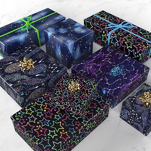 Miniatura 6 de GIOLNIAY Papel de regalo de galaxia para niños y niñas, cumpleaños, baby shower, envoltura de regalo con estrellas de neón, cielo estrellado de