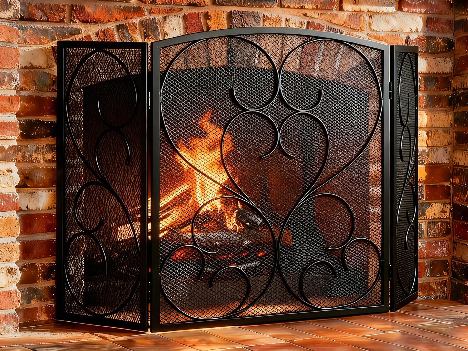 FEEDGARDEN 3-Panel Wrought Iron Fireplace Screen 48x29 Inch Foldable Spark Guard with Decorative Mesh, Black Heavy Duty Fire Screen