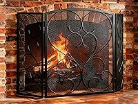 FEEDGARDEN 3-Panel Wrought Iron Fireplace Screen 48x29 Inch Foldable Spark Guard with Decorative Mesh, Black Heavy Duty Fire Screen
