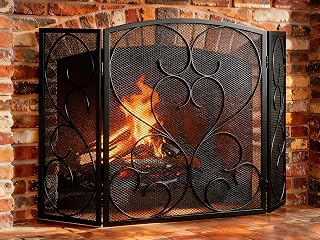FEEDGARDEN 3-Panel Wrought Iron Fireplace Screen 48x29 Inch Foldable Spark Guard with Decorative Mesh, Black Heavy Duty Fire Screen