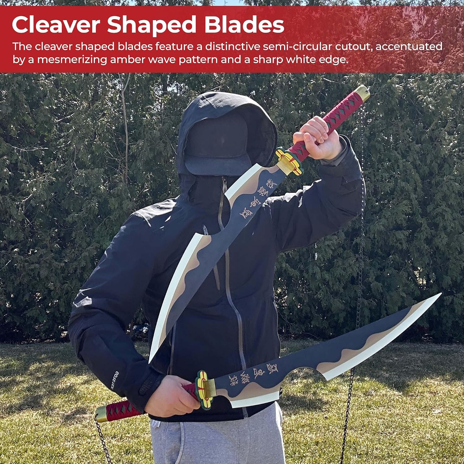 MedievalDepot Tengen Demon Slayer Anime Duel Wield Sword Set - Overall 33" - Carbon Steel Blades - 80" Chain - Cosplay & Collector