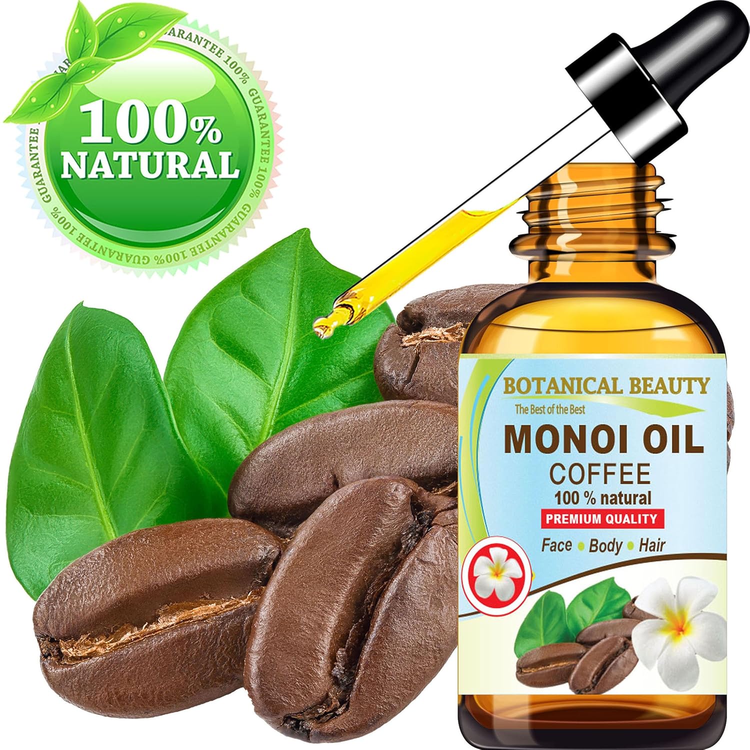 Botanical Beauty MONOI OIL COFFEE. Frangipani flowers in Coconut Oil with Coffee aroma. 100% Natural Pure for FACE, SKIN, BODY, HAIR, NAILS. Luxury Beauty Oil (2 Fl Oz 60 ml)