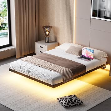 Double Bed Frame Floating Bed Frame with LED Lights,4ft6 Metal Platform Bed Frame Double Size Bed Base with Charging Station,Reinforced Steel Slats/Under-bed Storage/Noise Free/Black