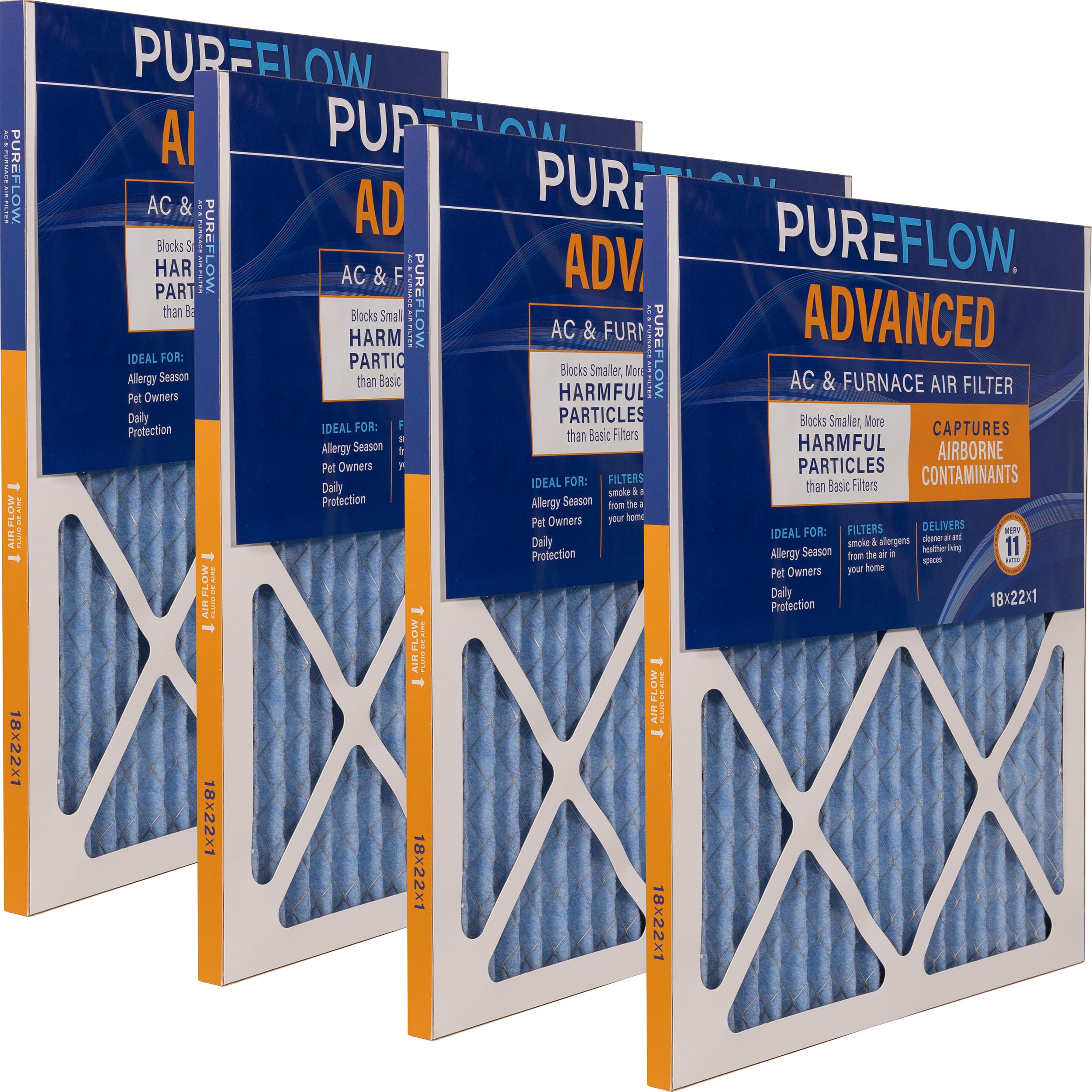 PUREFLOW Home Air Filter MERV 11, 18x22x1 Furnace Filter, 4 Layer High Efficiency Filtration for Dust, Smoke, Fumes, Pollutants (4-Pack)