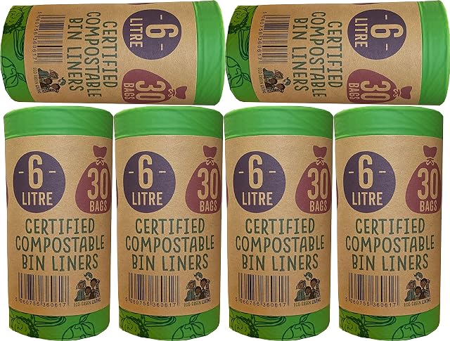 Eco Green Living Caddy Bags (6 Litre) 100% Compost Friendly & Zero Plastic Caddy Bags - Friendly to the Planet - Perfect for Small Food Caddies (6 Rolls of 180 Bags Total)