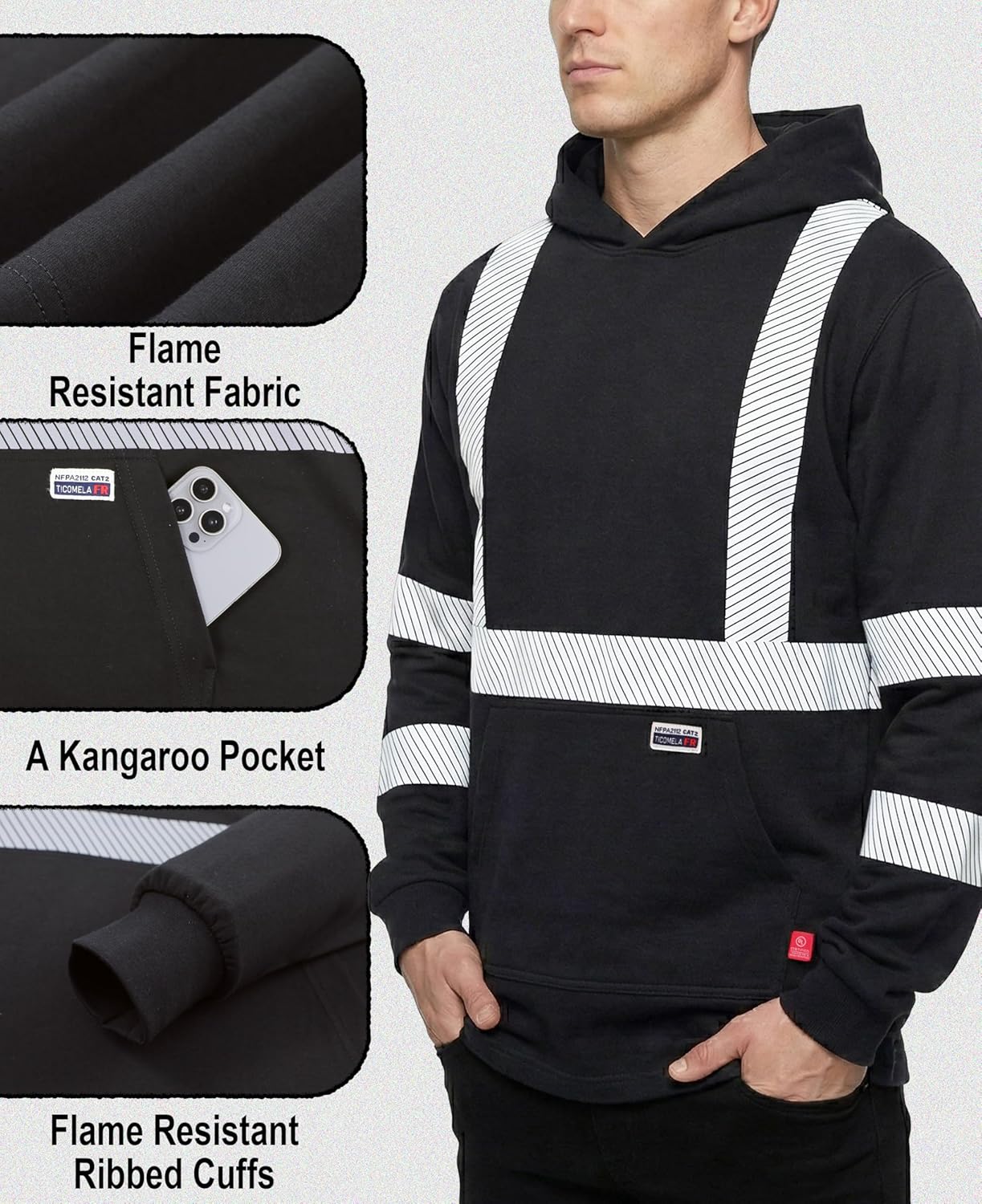 TICOMELA FR Shirts Pullover High Visibility 6oz Lightweight Hi vis Flame Resistant Reflective Hooded Work Shirt