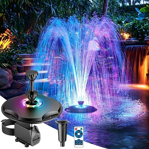 Antfraer Floating Pond Fountain with Remote Control RGB LED Lights, 40W 660GPH Water Pump with 3 Spray Modes, Floating Fountain 27FT Cord & 65.6FT Mooring Line for Garden Ponds, Outdoor Water Features