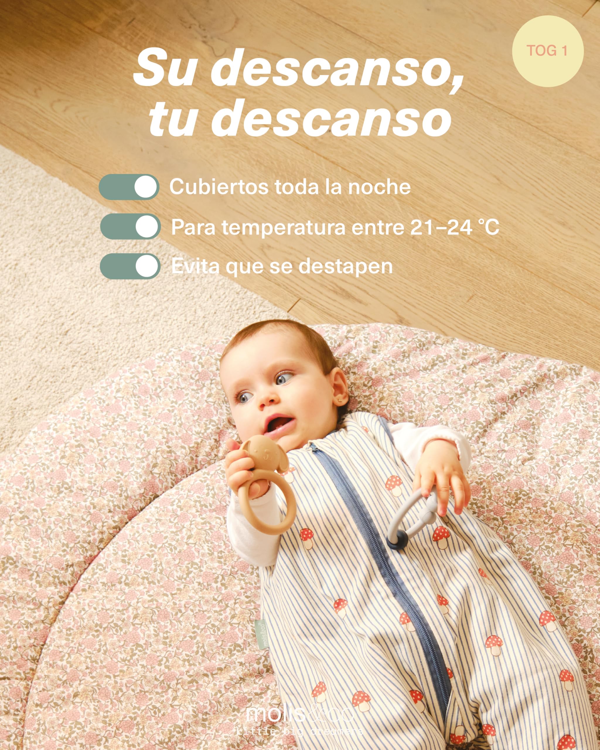 molis&co - Pijama Manta con Calcetines Antideslizantes 1.0 TOG - 80 cm (2 años) - Ideal para Primavera y otoño - 100% algodón (Oeko-Tex 100) - Mushrooms