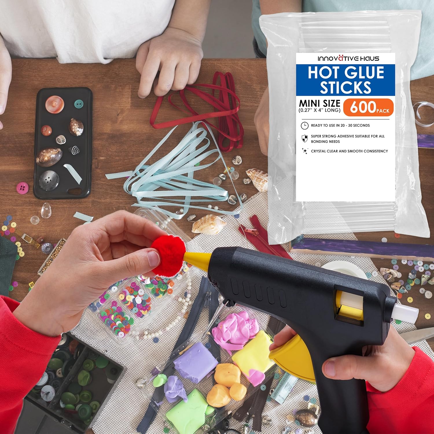 Innovative Haus Mini Hot Glue Sticks (600 Pack) - Fits Mini Glue Guns, 4" x 0.27" - Craft, Bond, Create on Wood, Metal, Glass and More - Transparent, Strong and Quick-Drying