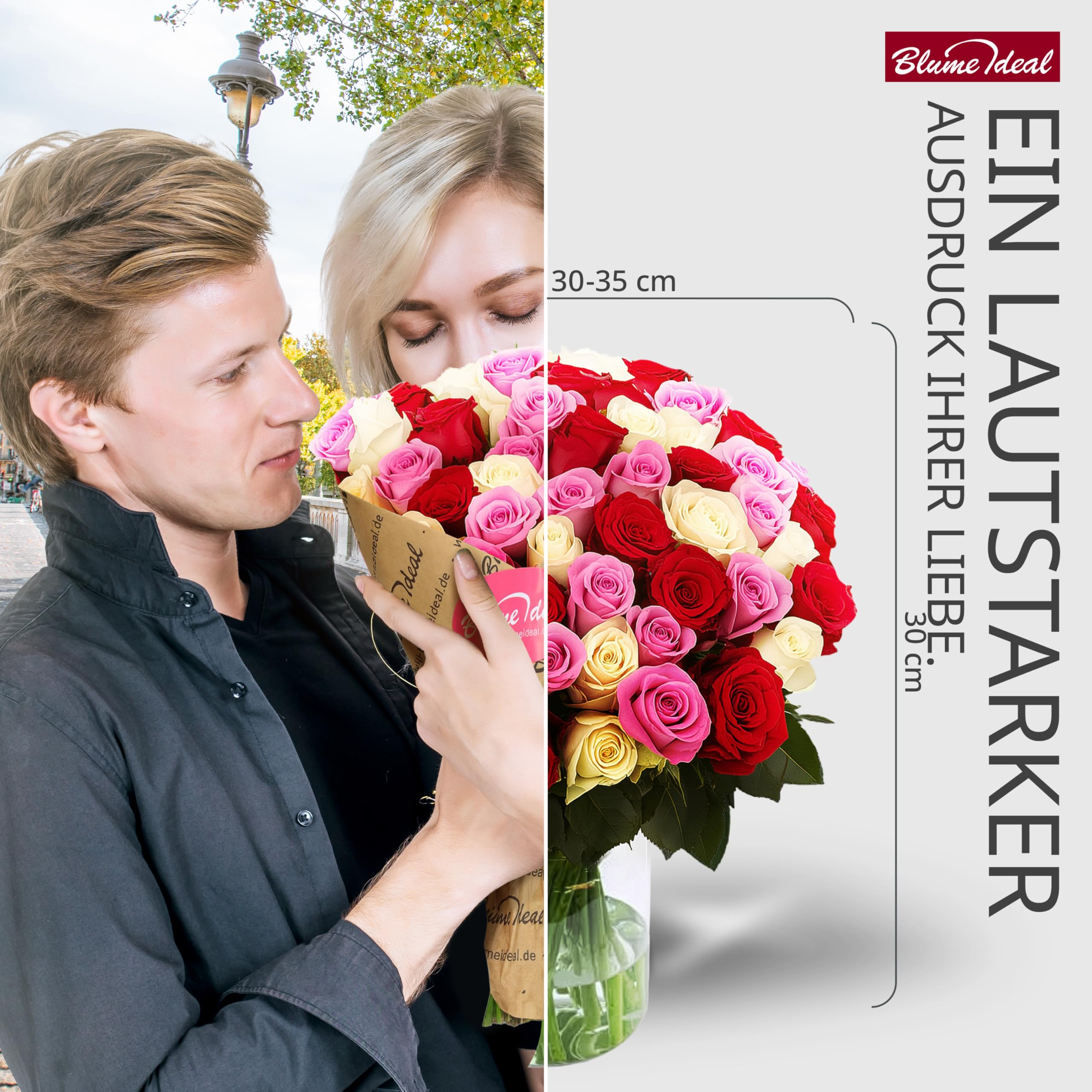 Blume Ideal Rosenstrauß - 40 Rosen - Rot - Ø 40–50 cm - Echte premium Blumen für Hochzeit & Deko - 7 Tage Frischegarantie - in verschiedenen Farben und Mengen