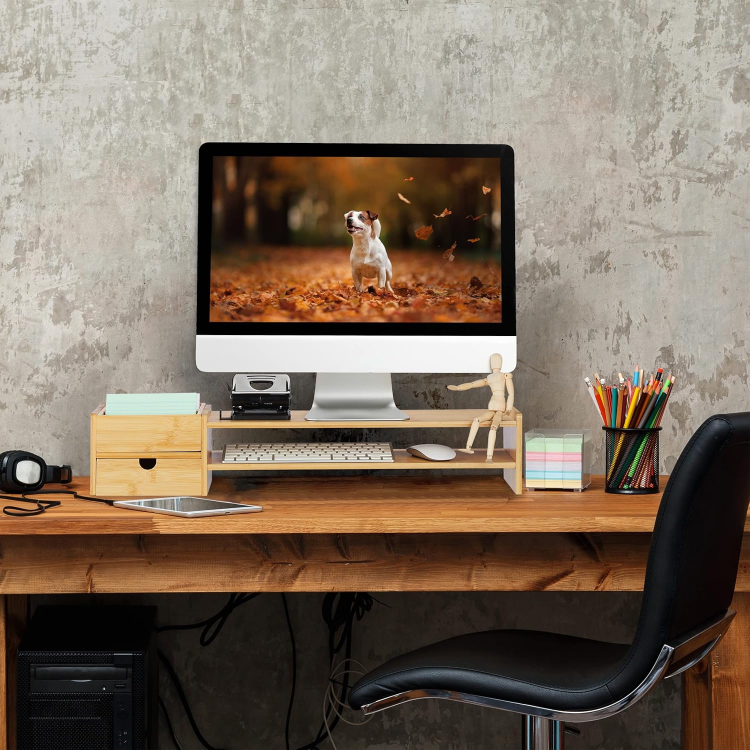 Relaxdays, 5 Compartments, Screen Raiser Desk, HWD: 16 x 57.5 x 25 cm, Work Base, Natural Bamboo Monitor Stand
