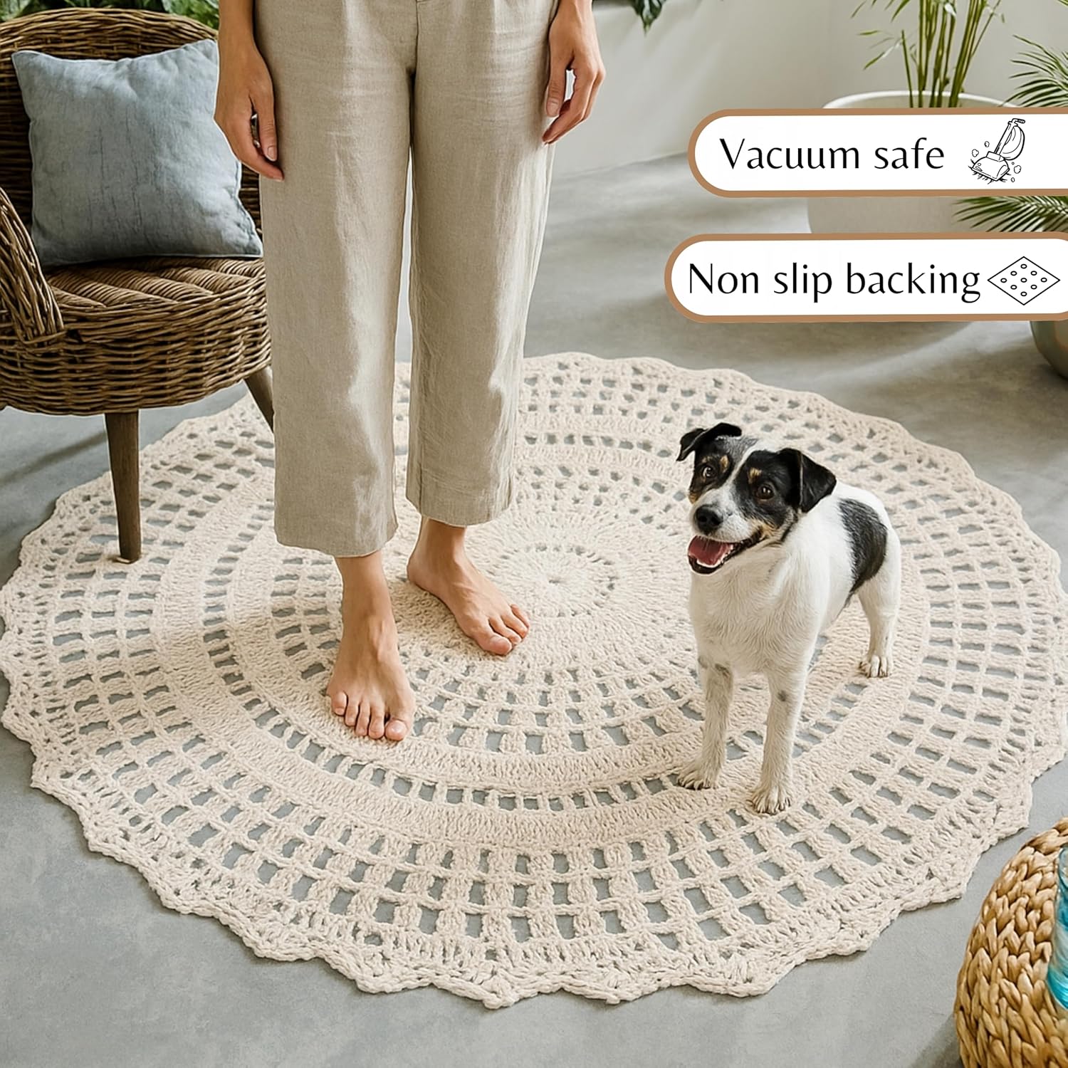 Hand Knitted Crochet Woven Rug Off White 3 Feet Round, Non Slip Farmhouse Small Circle Polyester Fiber Floor Rugs Ideal for Bedroom, Living Room, Kitchen | Scalloped Ivory Patio Mats for Balcony