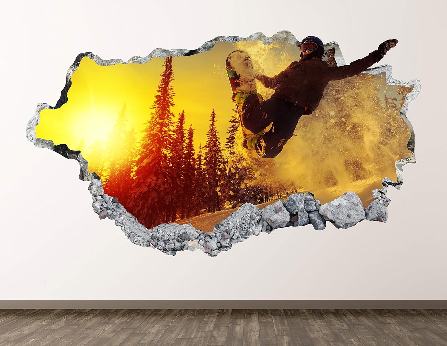 Snowboarding Wall Decal Art Decor 3D Smashed Winter Sport Sticker Poster Kids Room Mural Custom Gift BL1012 (30"W x 18"H)