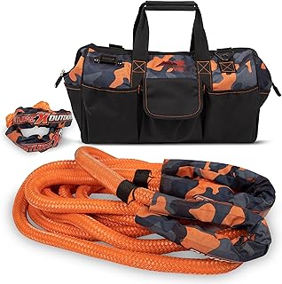 Cuerda de recuperación cinética (1 pulgada x 30 pies), bolsa de almacenamiento de camuflaje naranja y grilletes suaves de 1/2 x 20 pulgadas