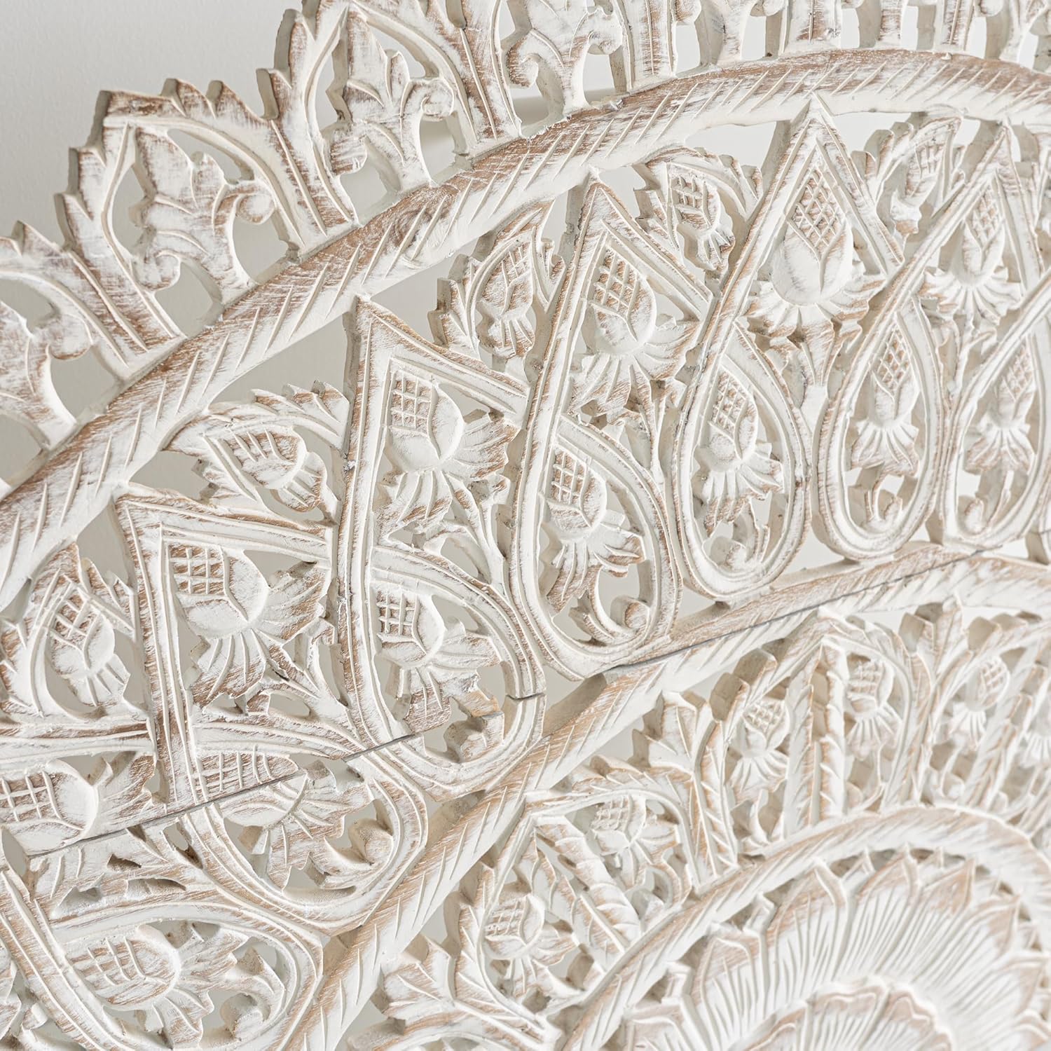 Siam Sawadee Whitewash Half Moon Headboard for Queen Size Bed, Hand-Carved Solid Teak Wood, Sustainable Reclaimed Wooden Panels, 60x30 in