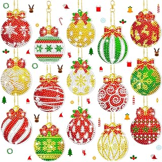 15 Pieces Christmas Diamond Painting Keychain Diamond Painting Ornaments 5D DIY Diamond Painted Keychains Colorful Christmas Ball Patterns Christmas Diamond Art Ornaments for Kids Christmas DIY Crafts