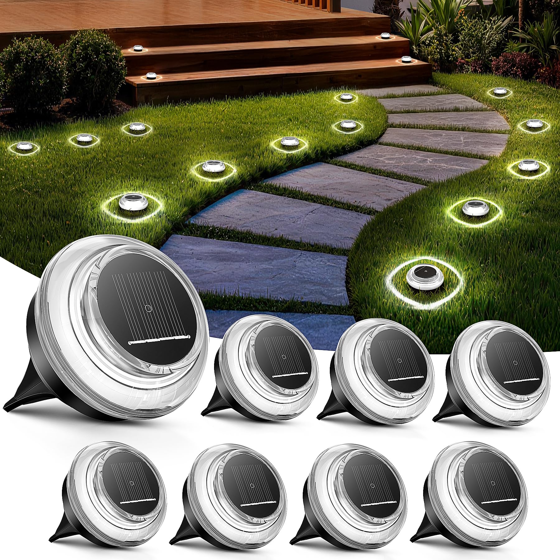 8 Stück Solar Bodenleuchten Außen, LED Solarleuchten Garten IP65 Wasserdicht, Solarlampen für Außen mit 4 LEDs, Dekorative Gartenbeleuchtung für Rasen,Patio,‌Balkon‌,Auffahrt&Gehweg,Weiß
