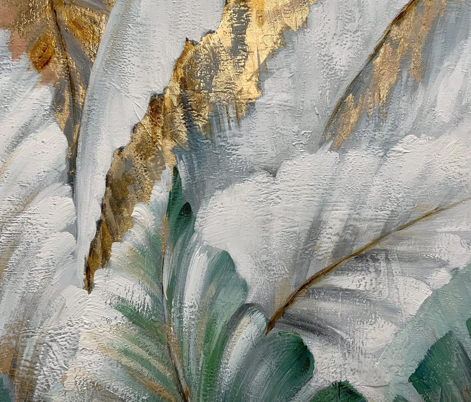 Boieesen Art,24x48Inch Hand-Painted Abstract Banana Leaf Oil Painting Green leaves Wall Art Tropical Style Artwork White Gold Acrylic Canvas Painting Wood Inside Framed Ready to Hang