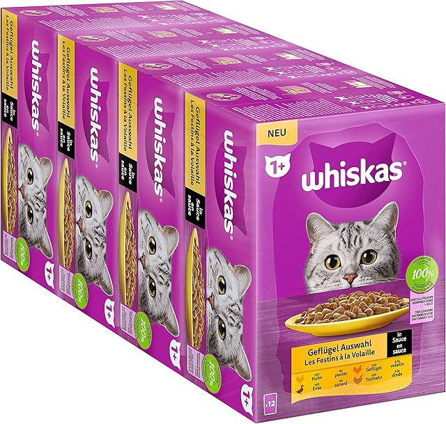 Whiskas 1+ karma dla kotów, drób w sosie, 12 x 85 g (4 opakowania)  wysokiej jakości mokra karma dla dorosłych kotów w 48 woreczkach porcjowanych