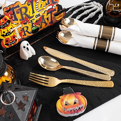 Vista 36 de WELLIFE Paquete de 50 cubiertos de plástico dorado, servilletas preenrolladas con cubiertos dorados, cubiertos martillados dorados desechables