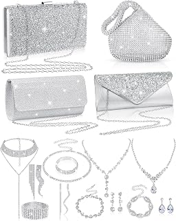 16 Pcs Women Silver Rhinestone Evening Clutch Bag Rhinestone Tassel Choker Necklace Earrings Bracelet Dangle Bling Clutch Purse Set for Bride Wedding Jewelry