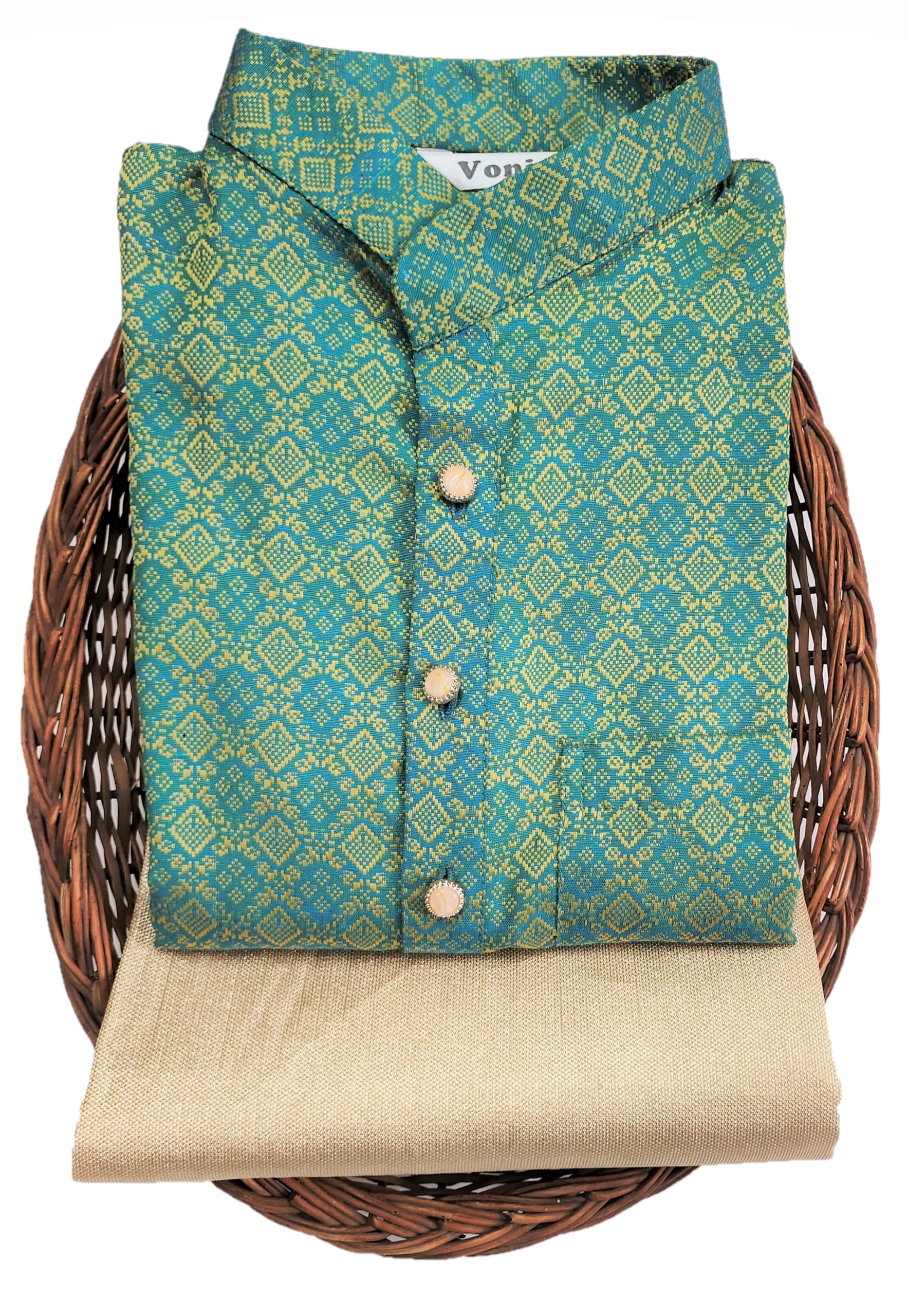 VoniryMen Regular Full Sleeve Silk Cotton Kurta with Golden Pajama Set