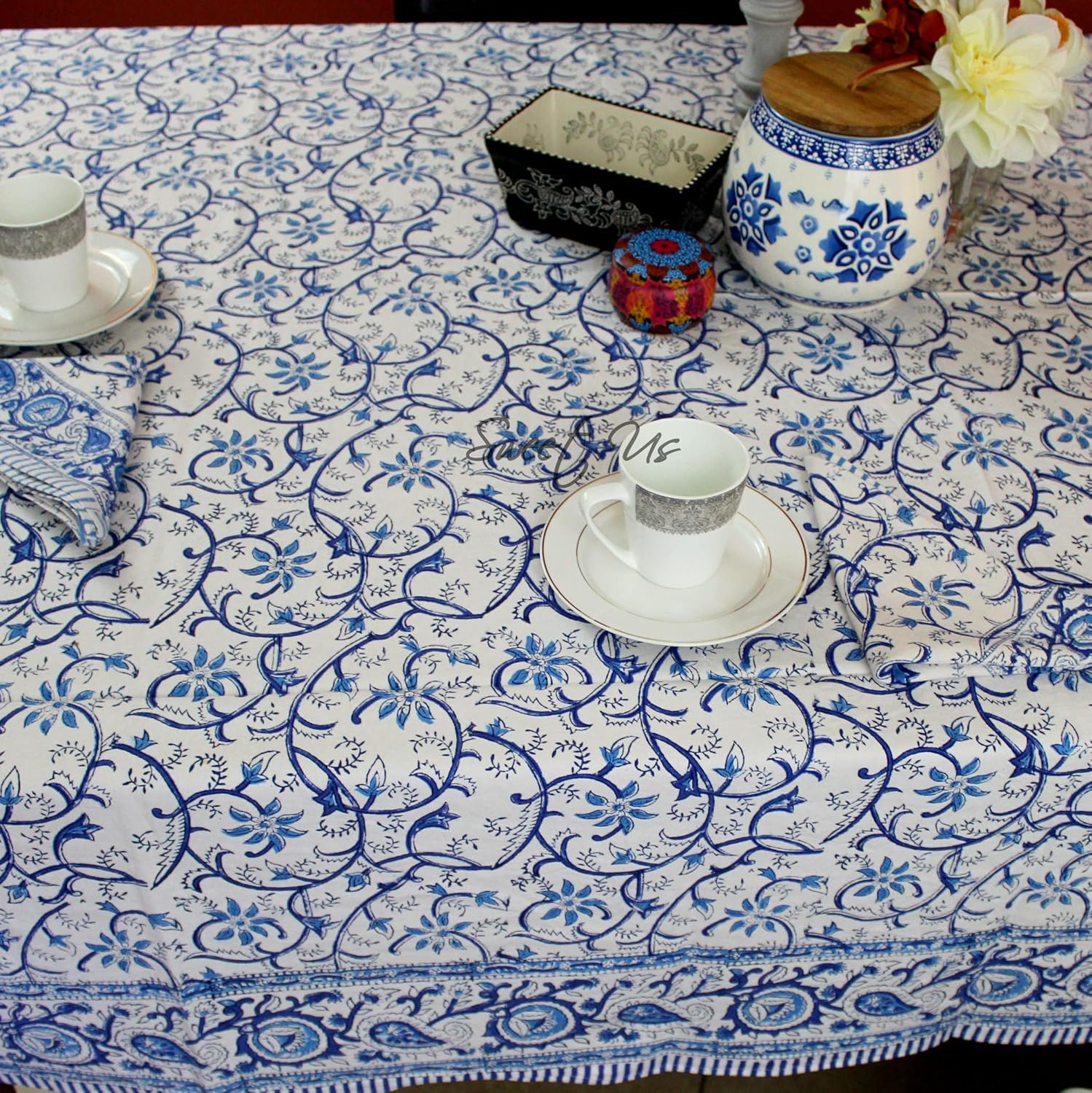 Sweet Us Stella Floral Cotton Block Print Tablecloth and One Gray Napkin, Floral Kitchen Dining Table Cloth, Table Cover for Indoor and Outdoors, Blue Opal, 60 x 60 in