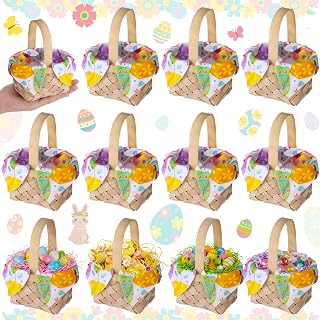 Potchen 12 Pcs Easter Mini Woven Baskets with Handle Raffia Grass