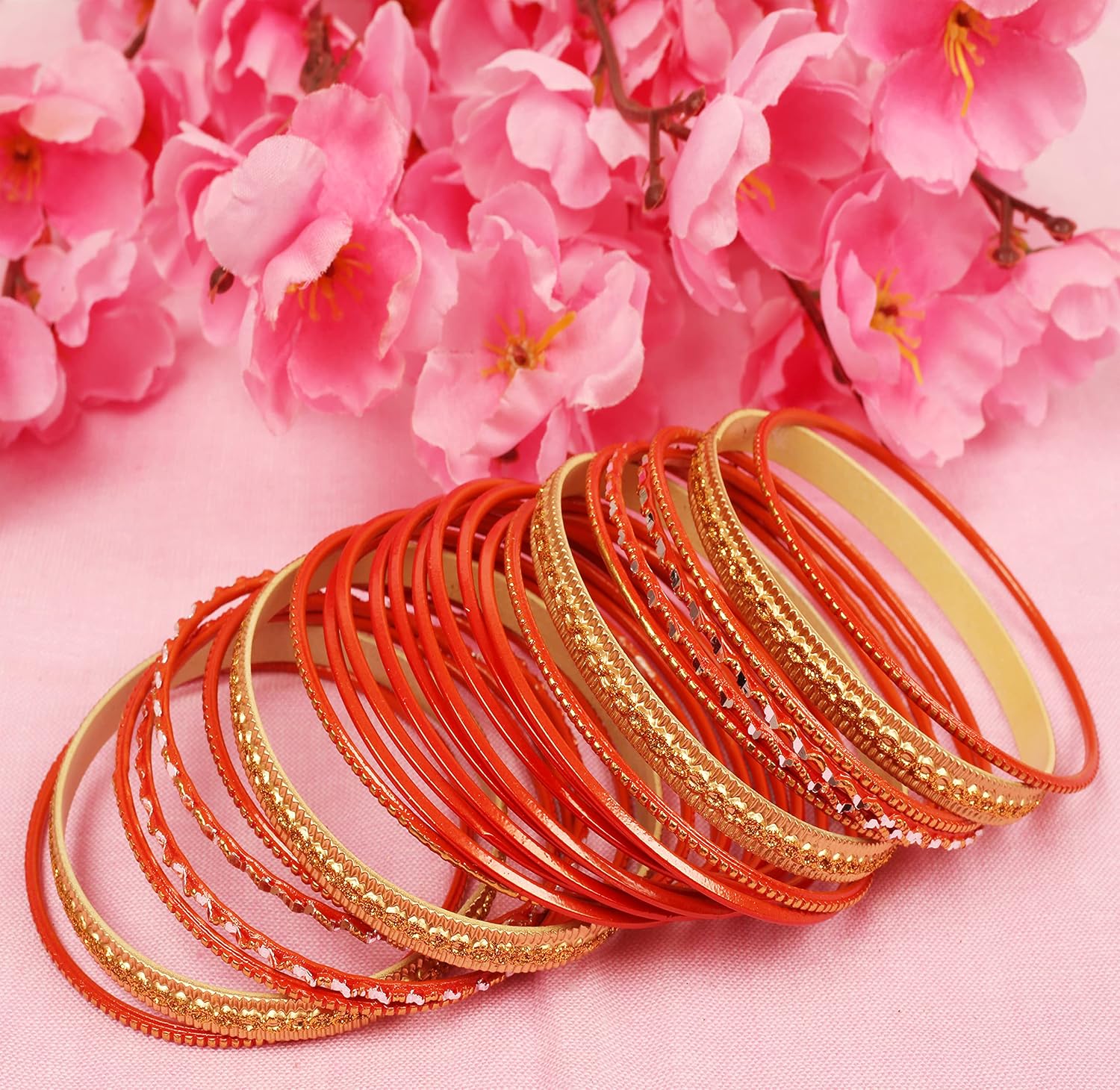 Touchstone New Colorful 2 Dozen Bangle Collection Indian Bollywood Alloy Metal Textured Carrot Orange Designer Jewelry Special Large Size Bangle Bracelets Set of 24. in Antique Gold Tone for Women - Image 5