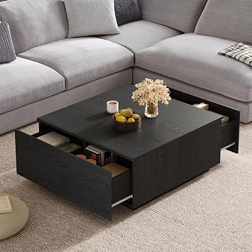 Square Coffee Table with Storage, Minimalist Center Table with 4 Large Drawers, Modern Wooden Coffee Tables for Living Room, Office, Black