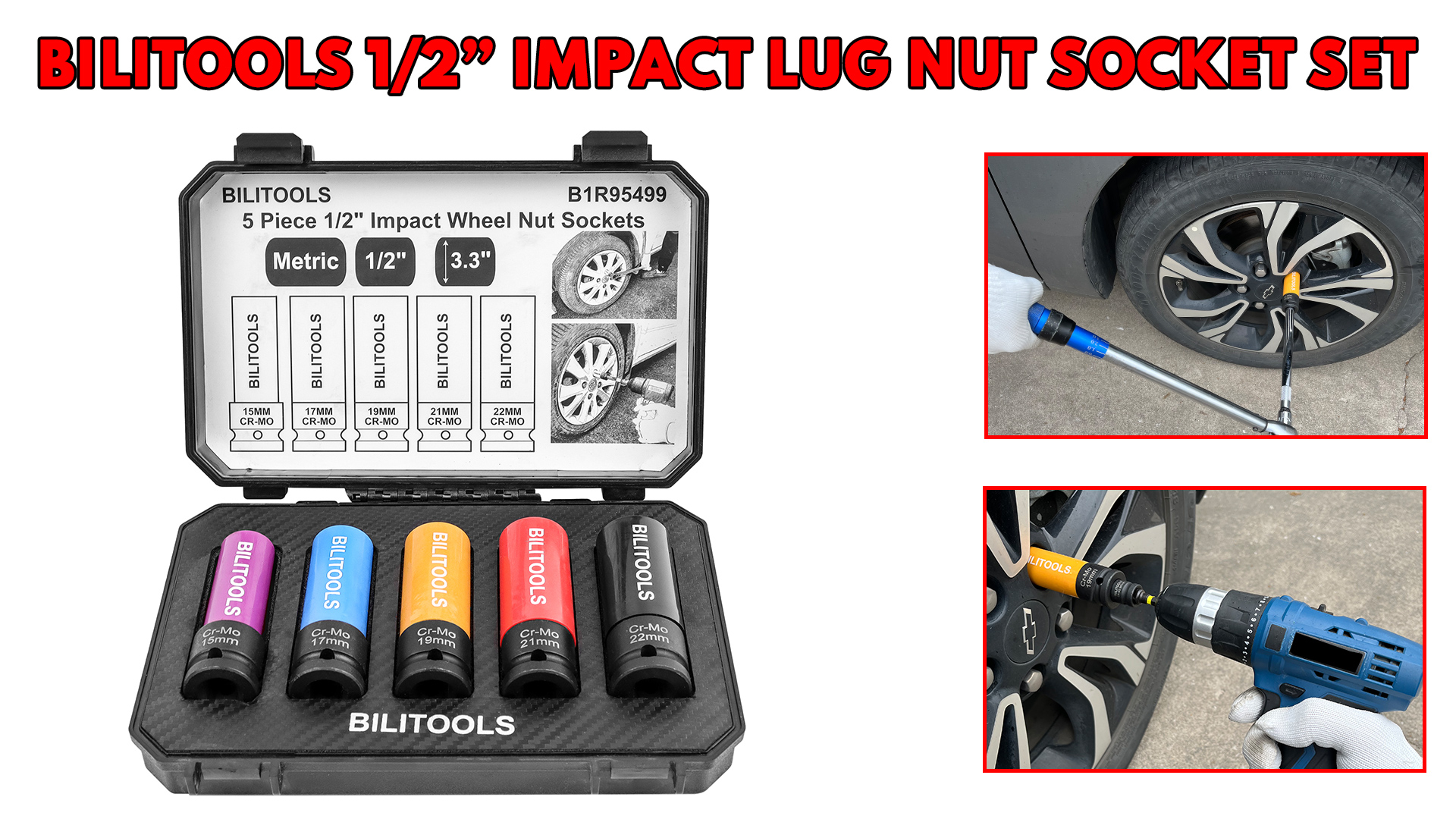 Image of BILITOOLS 5pcs 1 /2'' Drive Impact Lug Nut Socket Set, 15 /17 /19 /21 /22mm