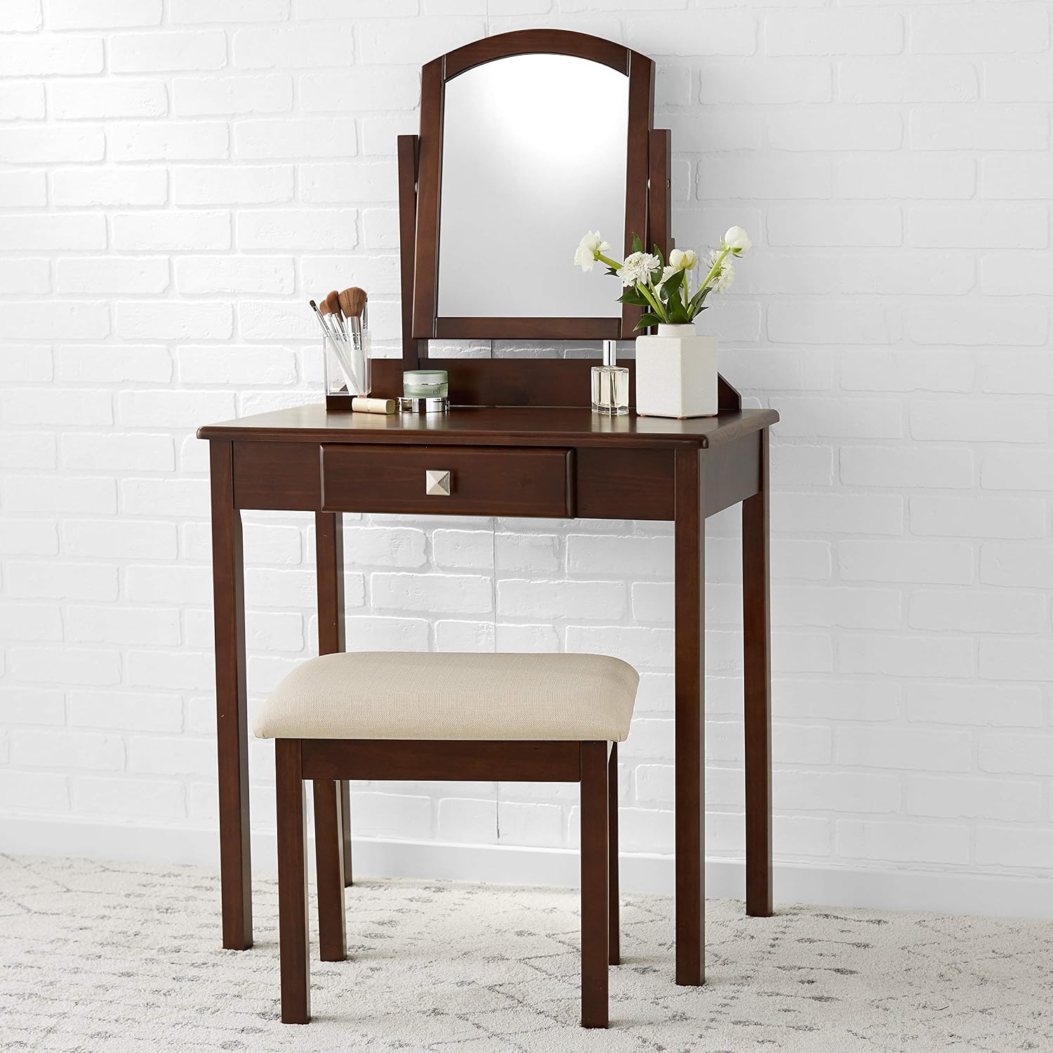 Amazon Basics Classic Compact Vanity Table Set with Stool and Mirror - Brown