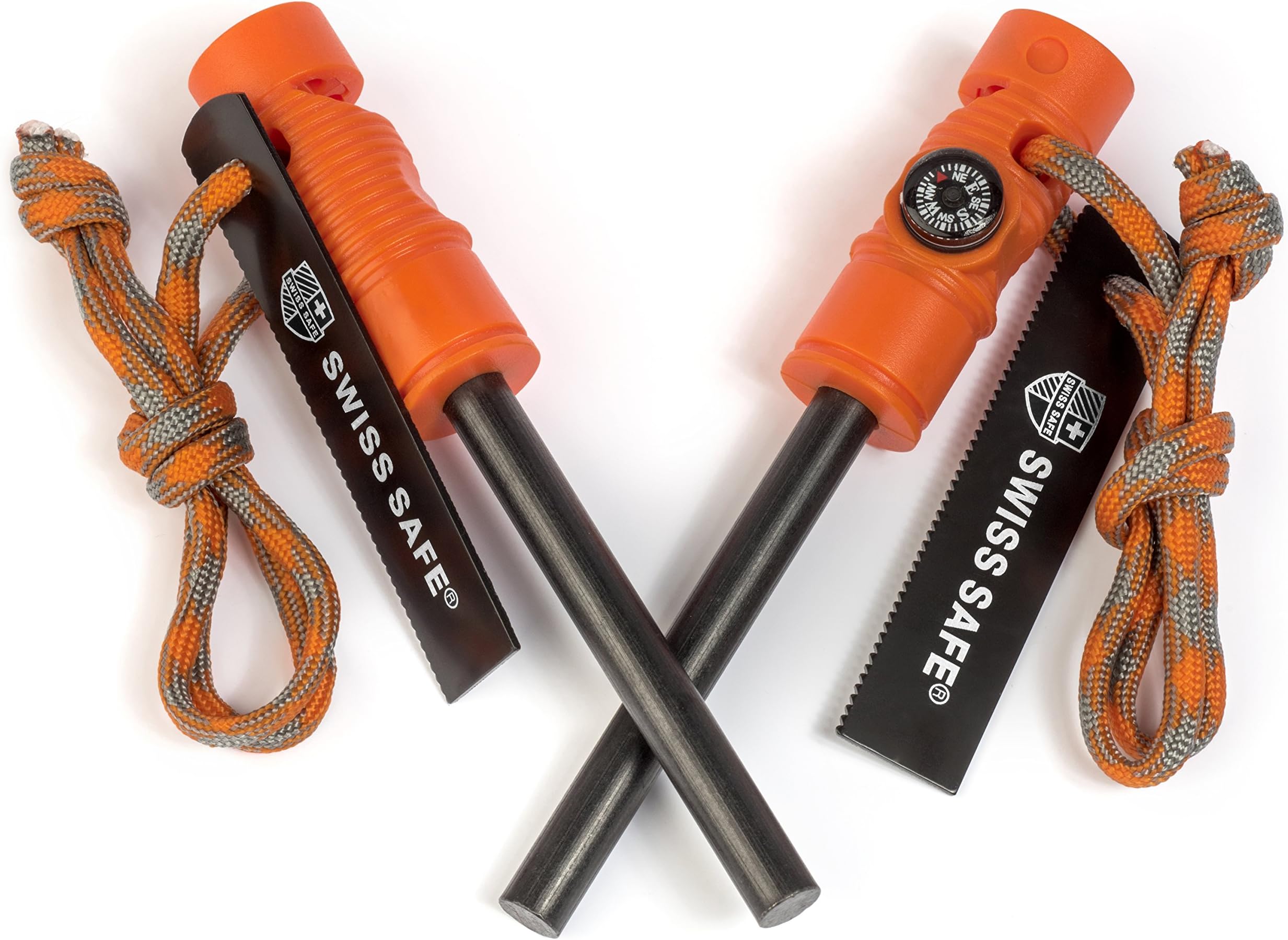Swiss Safe 5-in-1 Fire Starter with Compass, Paracord and Whistle (2-Pack) for Emergency Survival Kits, Camping, Hiking, All-Weather Magnesium Ferro Rod (Hunting Orange)