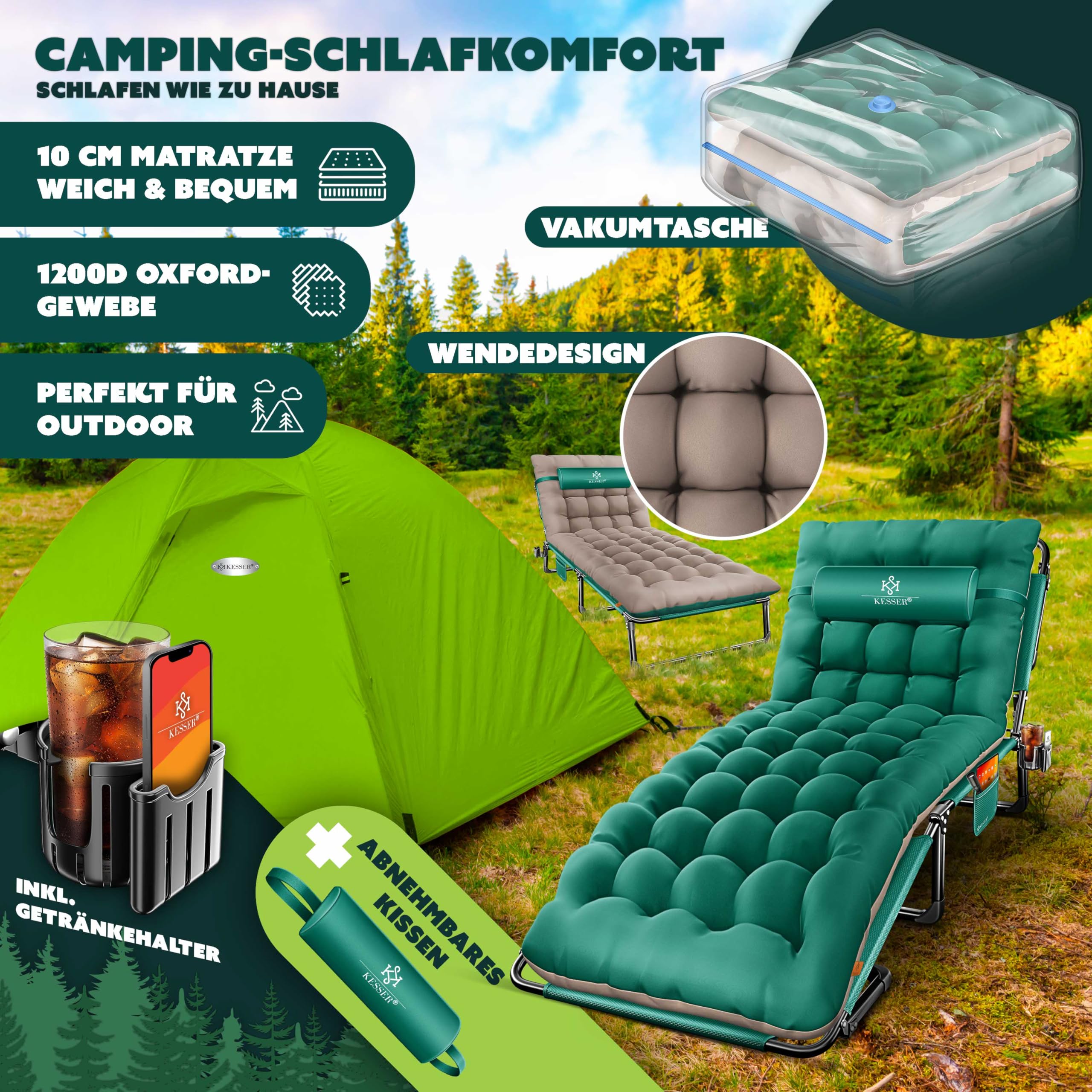 KESSER® Lit de camping pliable 190 x 68 x 30 cm - Charge maximale : 250 kg - En tissu Oxford et structure en acier robuste - Chaise longue pour camping avec sac de transport, coussin de nuque, poche