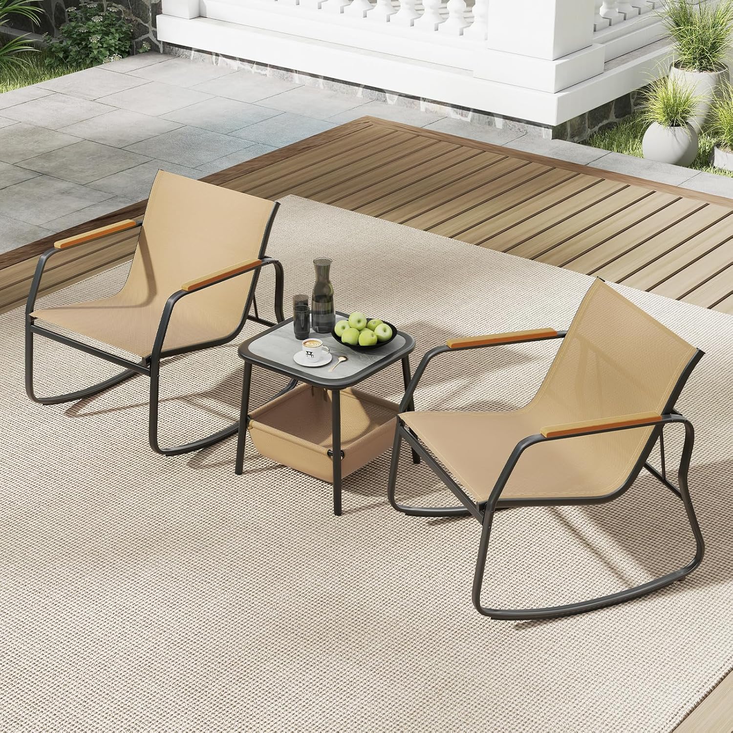 Tangkula 3 Piece Rocking Bistro Set Outdoor, Patio Rocking Chairs & Side Table with Storage Basket, Wood-Like Armrests & Metal Frame, Patio Furniture Set for Porch, Backyard, Lawn & Poolside