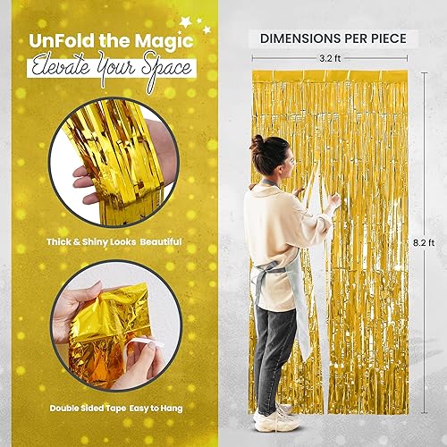 Miniatura 2 de RFAQK Paquete de 2 cortinas de flecos de lámina dorada de 3.3 x 8.2 pies, telón de fondo con flecos, serpentinas de oropel para decoraciones de