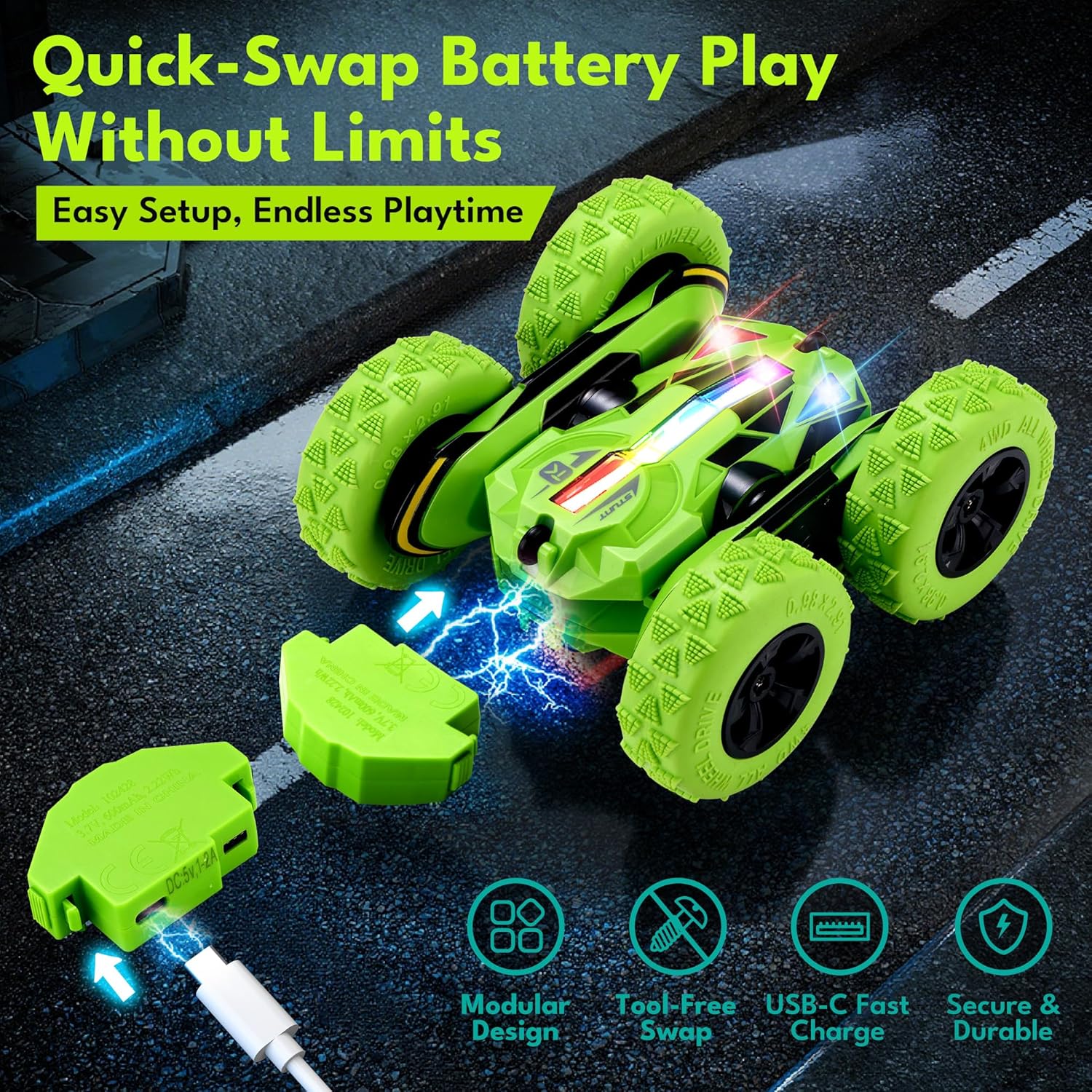 Threeking RC Stunt Car Remote Control Cars with Quick-Swap Modular Battery, 5 Upgrades: Safety, Durability, Auto Demo, Eye-Safe LEDs, Type-C Charging, Toys Presents Gifts for Boys Girls Kids Ages 6-12
