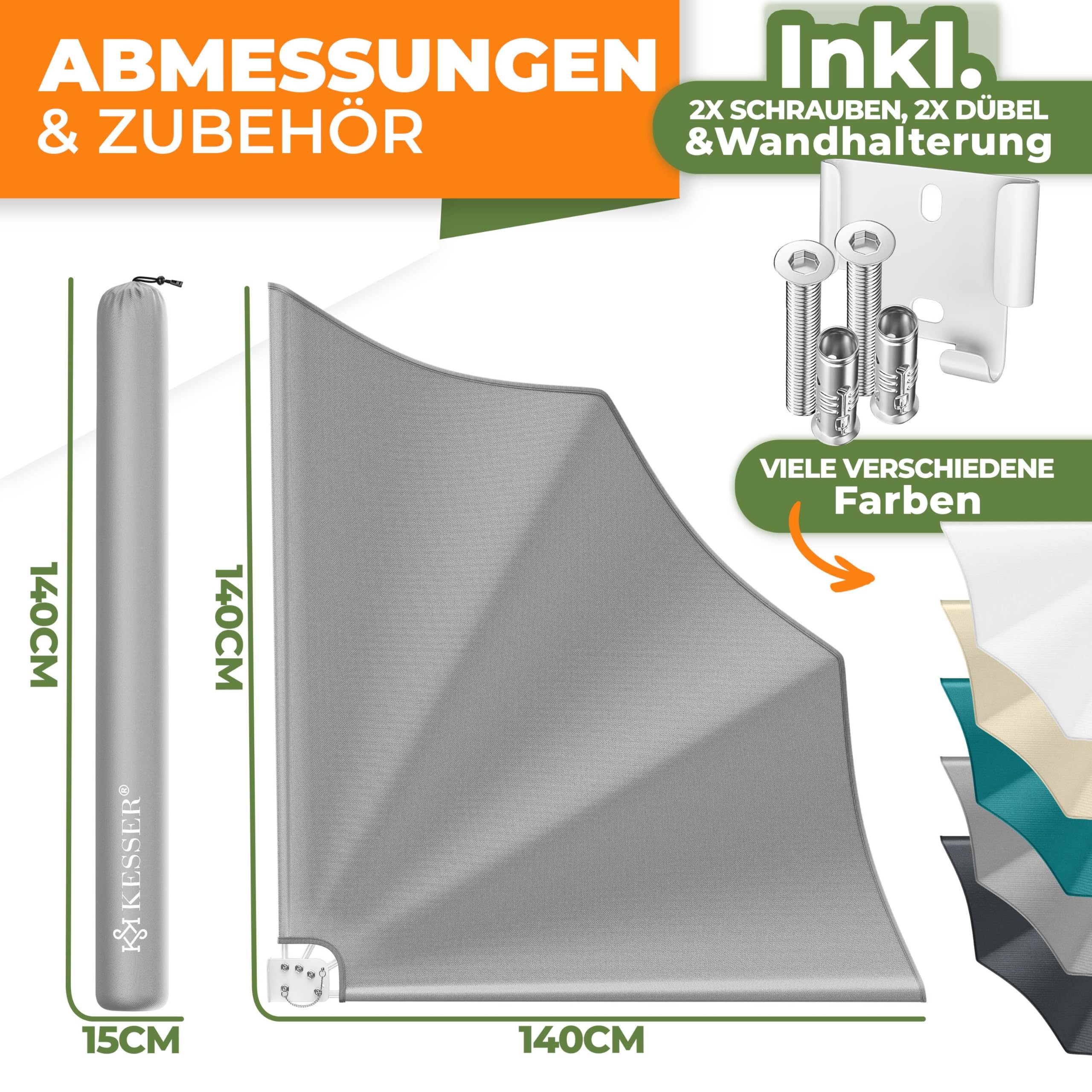 KESSER® Balkonfächer klappbar mit Wandhalterung | 140x140cm | Sichtschutz Balkon Windschutz | Balkonsichtschutz | Seitenmarkise | witterungsbeständig | inkl. Montagematerial | Hellgrau