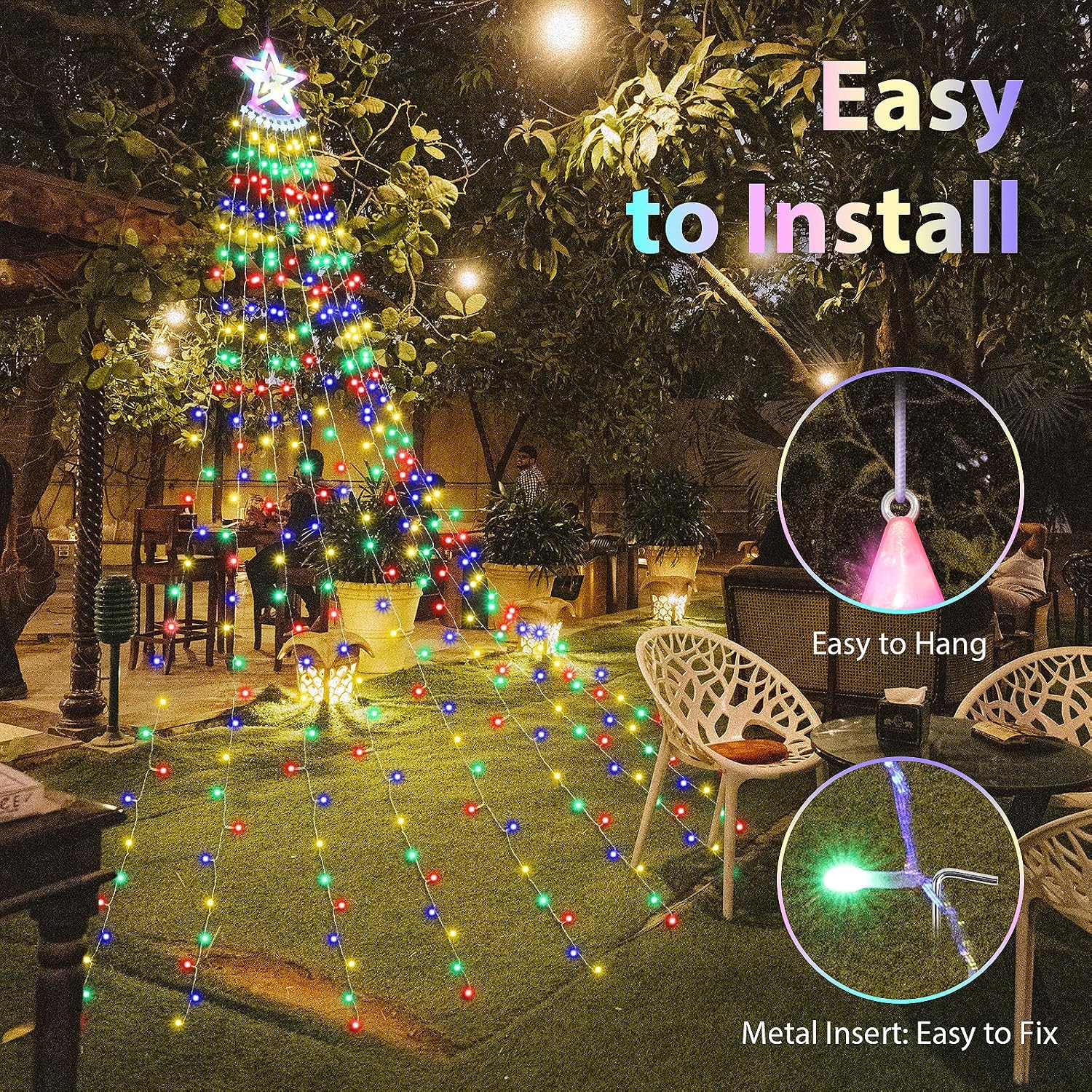 SALCAR Outdoor Star Lights, 11.5ft x 9 Strands Waterfall Star Lights with 12in Topper Star, 350 LED 8 Modes Memory Function Christmas Lights for Indoor Outdoor Garden Yard Tree Decor