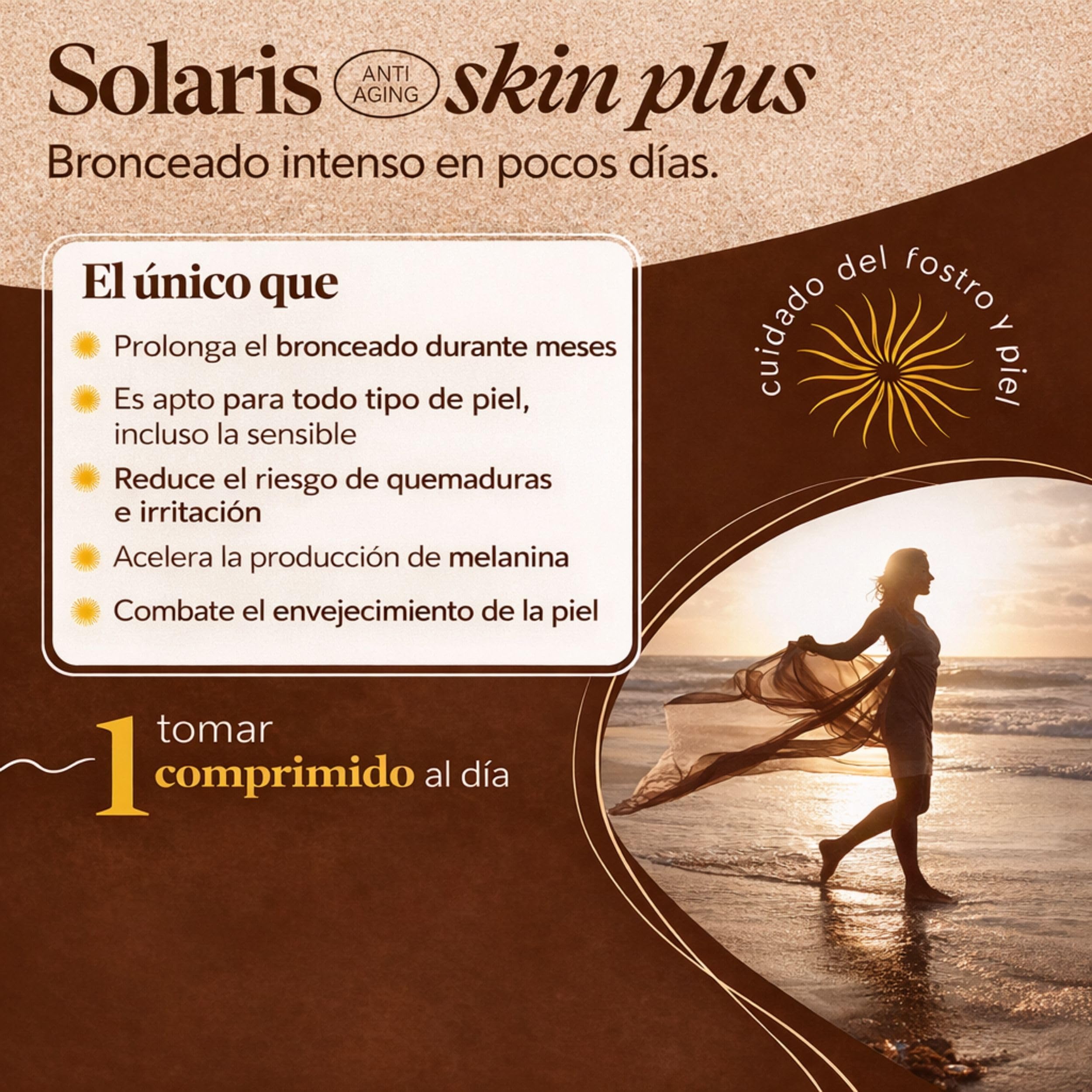 Acelerador del Bronceado con Betacaroteno – Pastillas Bronceadoras – El Único con Colágeno y Ácido Hialurónico – Licopeno, Vitamina E, Cobre y Selenio – 120 Comprimidos – Solaris Skin Plus