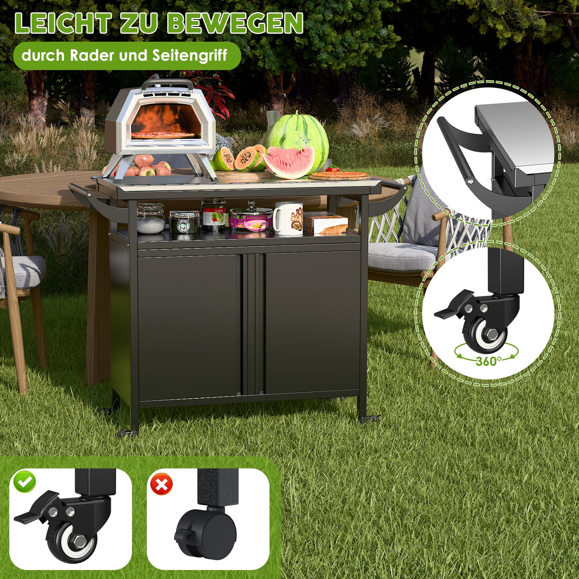 SUPEER Carro de asado, mesa de barbacoa, mesa para pizza con 4 ruedas, placa de mesa de acero inoxidable 304, carro para asar, carro de servicio para exteriores, carro de jardín al aire libre