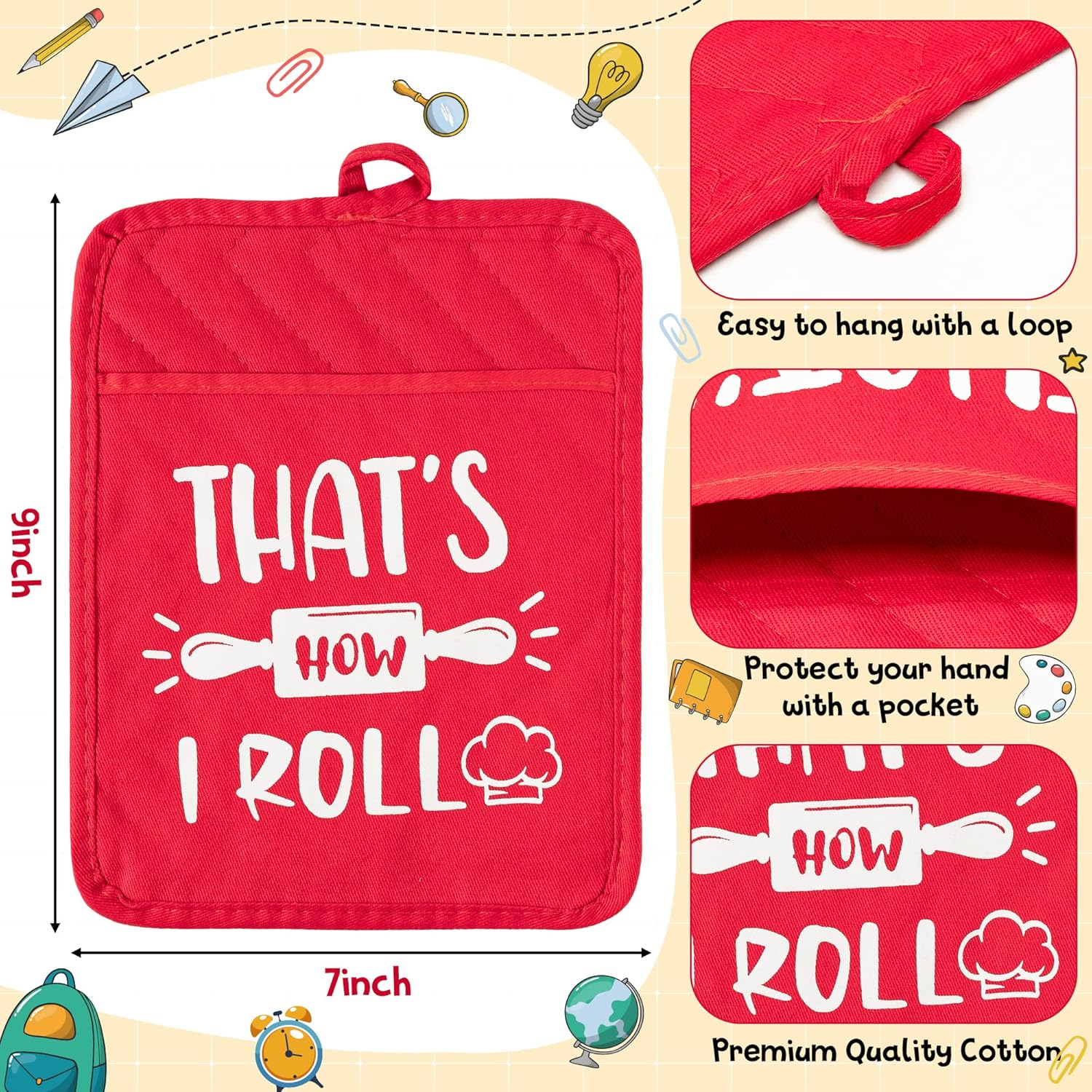 R HORSE 6Pcs Pot Holder with Pocket Funny Bake Pocket Potholders Heat Resistant Oven Mitts Machine Washable Kitchen Hot Pads with Hanging Loop Cookie Bag for Teacher Appreciation Gift 7''x 9'' : Home & Kitchen