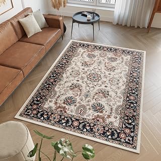 TAPISO Dubai Teppich Kurzflor Creme Schwarz Ornament Klassisch Traditionell Design Floral Bordüre Wohnzimmer Schlafzimmer ÖKO-TEX 160 x 220 cm