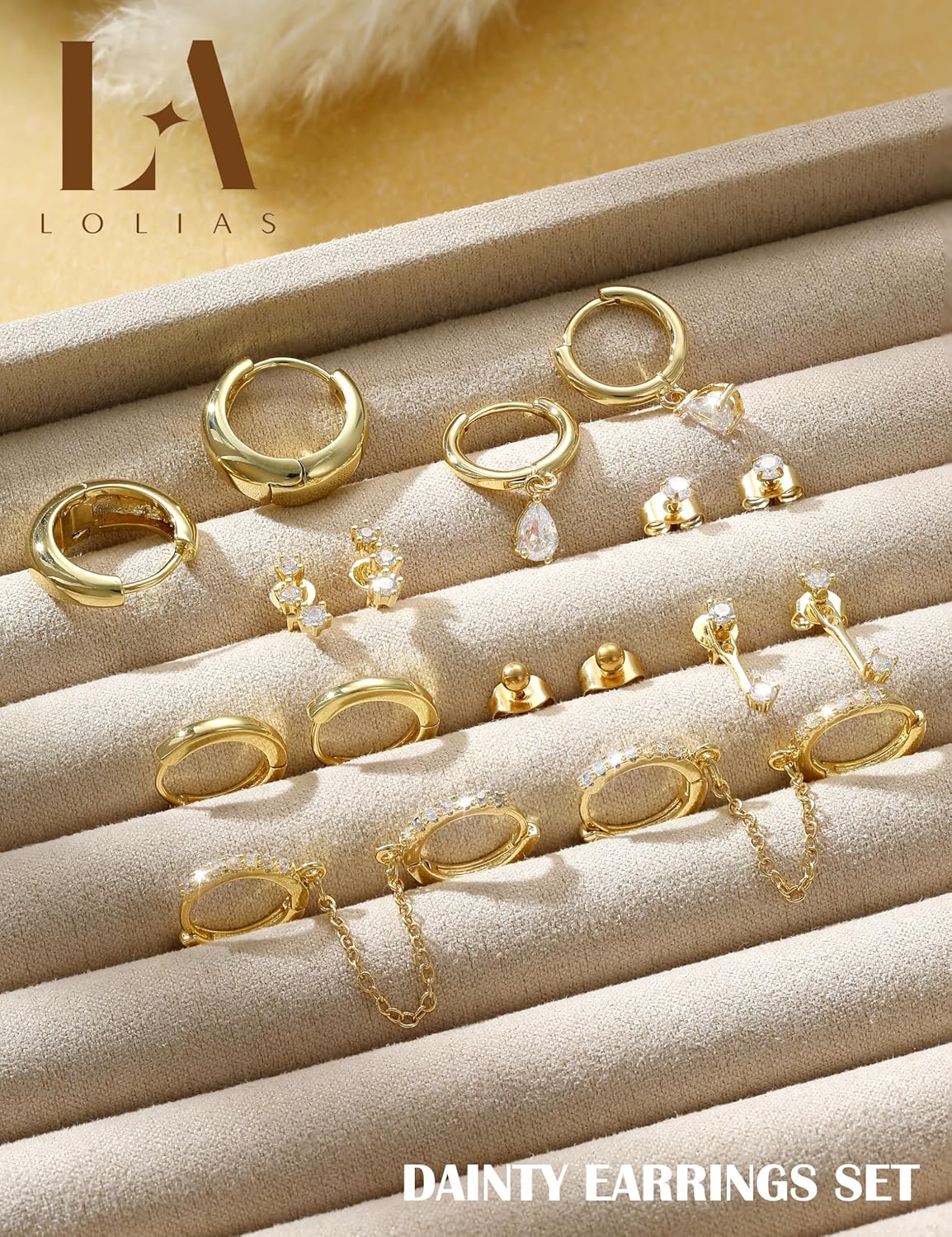 LOLIAS Hypoallergenic 14K Gold Plated Hoop Stud Earring Stacks for Women Trendy - Chain Cartilage Earrings Cute Silver Huggie Earrings Sets for Multiple Piercing Jewelry Lightweight 8Pairs - Image 5
