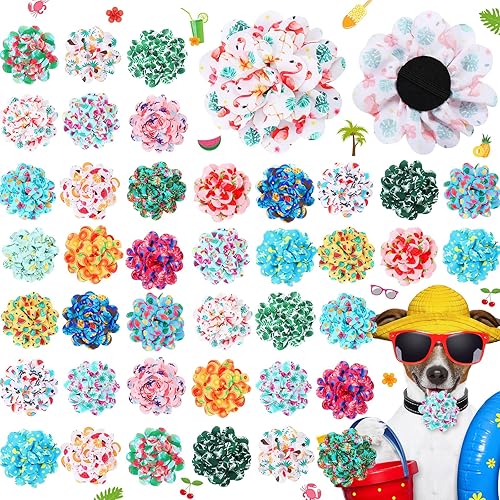 Hillban Juego de 80 piezas de collar de perro con flores hawaianas de verano para perros, accesorios de aseo para cachorros, gatos, adorno de