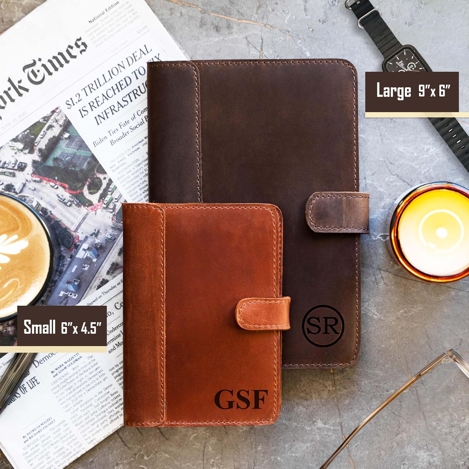 100% Genuine Leather Journal Engraved Name or Initials – Crafted in USA – Personalized Gift for Business, College, Travel, Work – Refillable Lined Pages Notebook for Writing – Journal for Men & Women