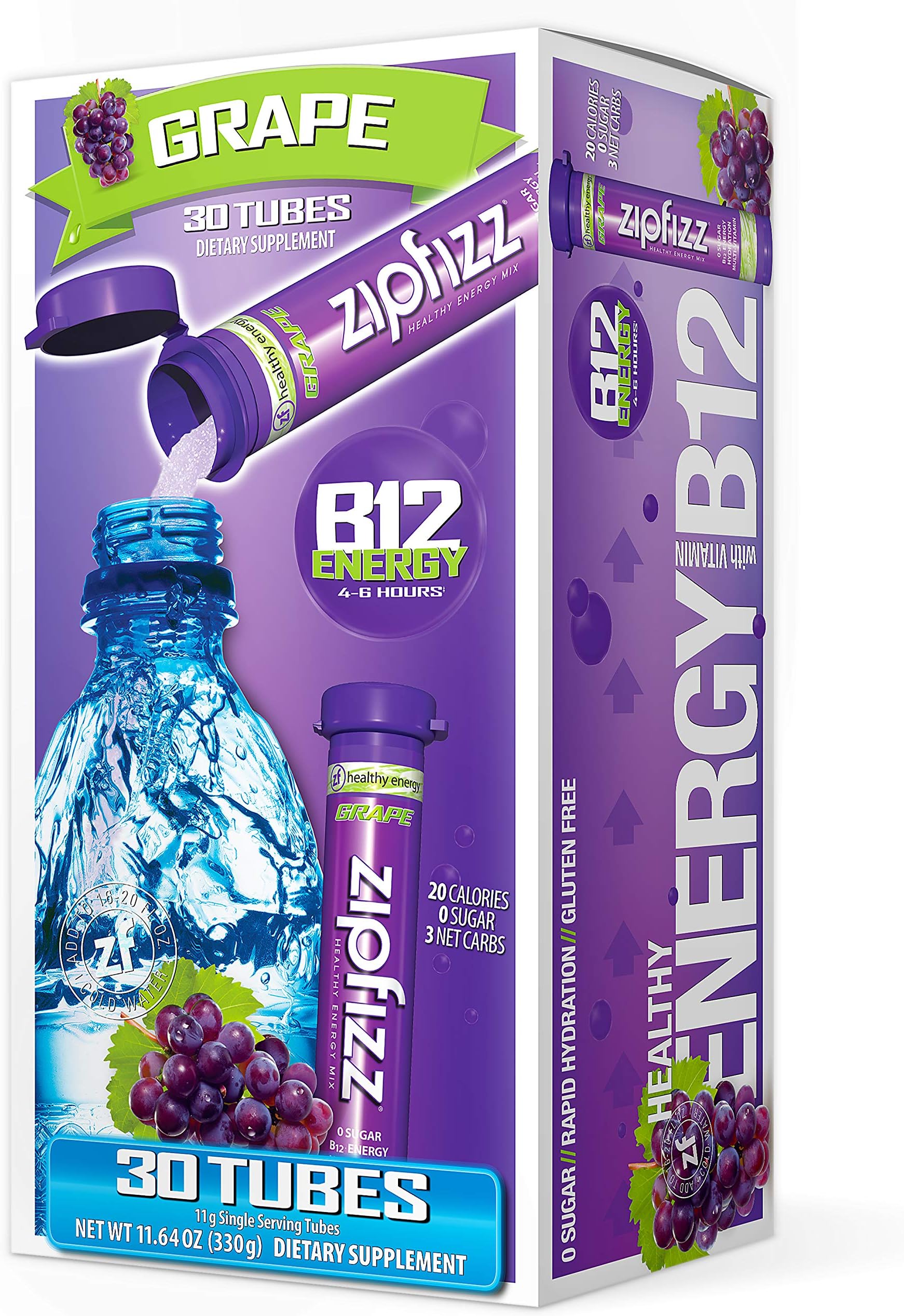 Zipfizz Healthy Energy Drink Mix Hydration with B12 and Multi Vitamins, Grape, 30 Count