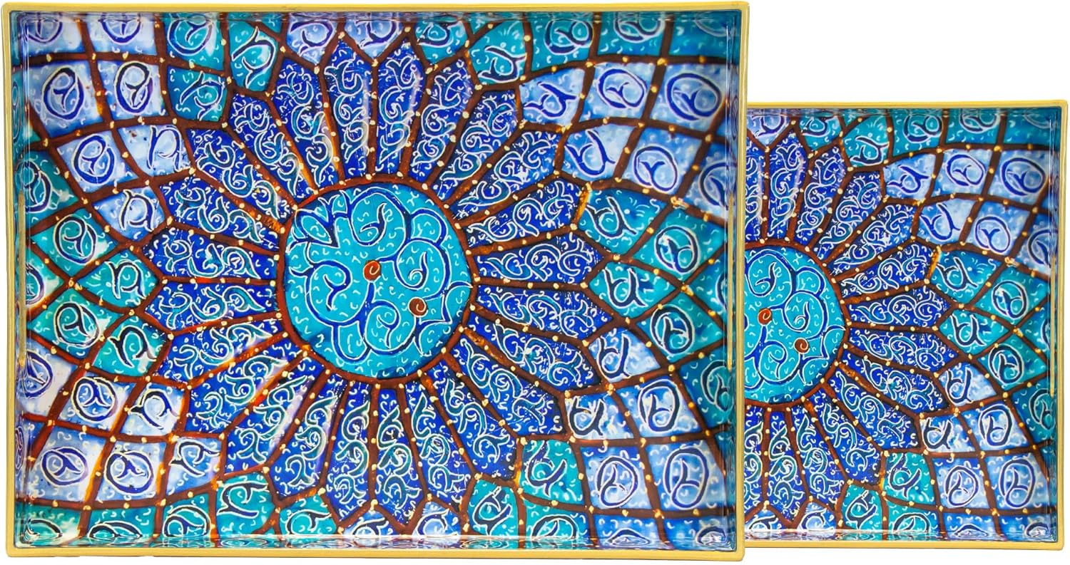 Serving Trays Set of 2, Decorative Plastic Serving Trays with Handles, Party Tray for Food, Coffee Table, Ottoman, Bathroom, and Living Room (Blue Bohemian)