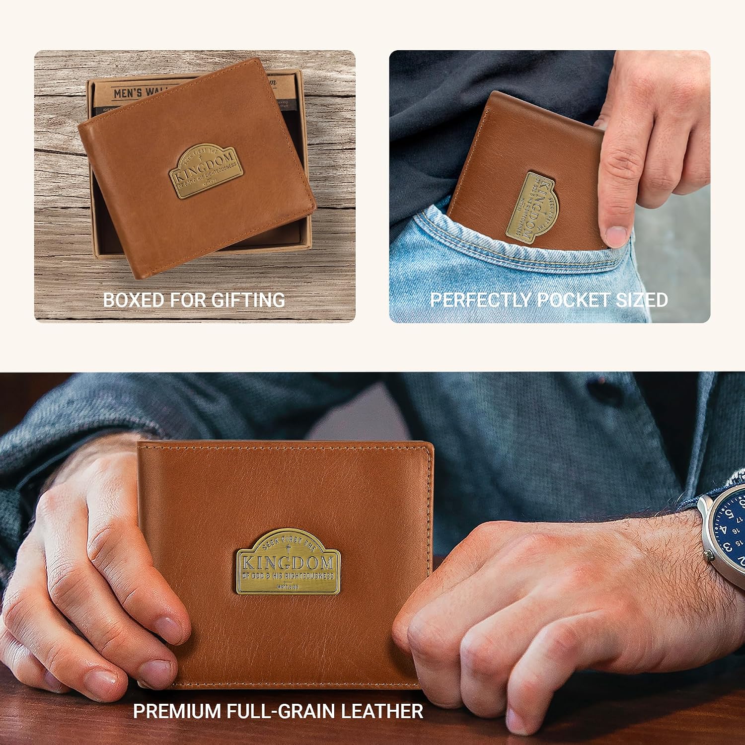Christian Art Gifts Genuine Full Grain Leather RFID Blocking Scripture Wallets for Men, Bifold & Trifold Designs, Many Slots for Credit Cards, ID, Cash, Photos, Emblems or Debossed, Multiple Colors
