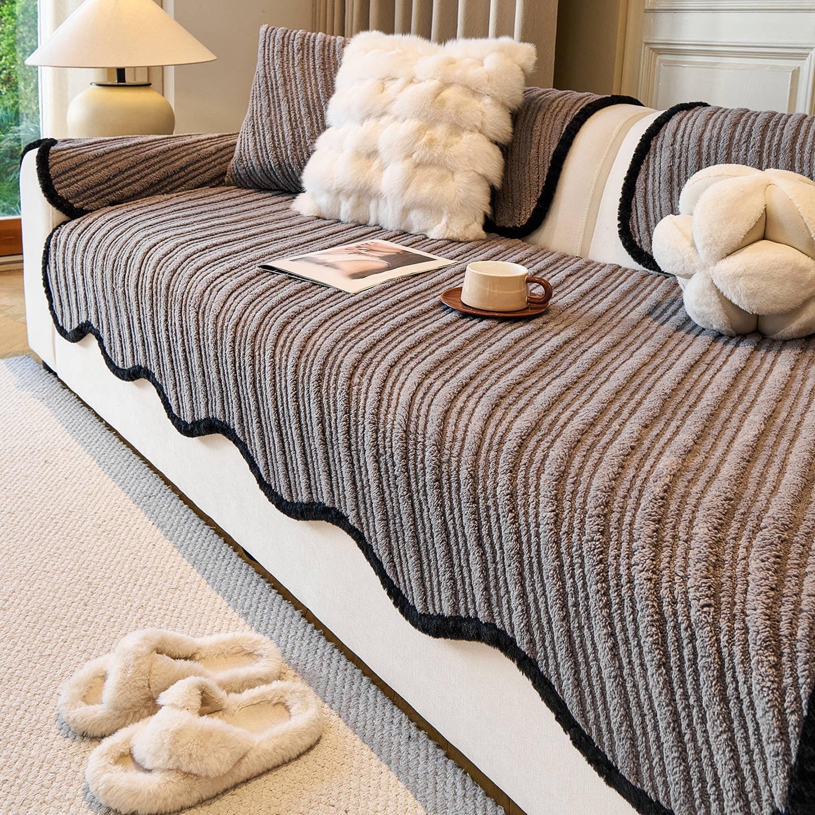 Housse de canapé velours de coton Shu premium gris grand confort sectionnelle